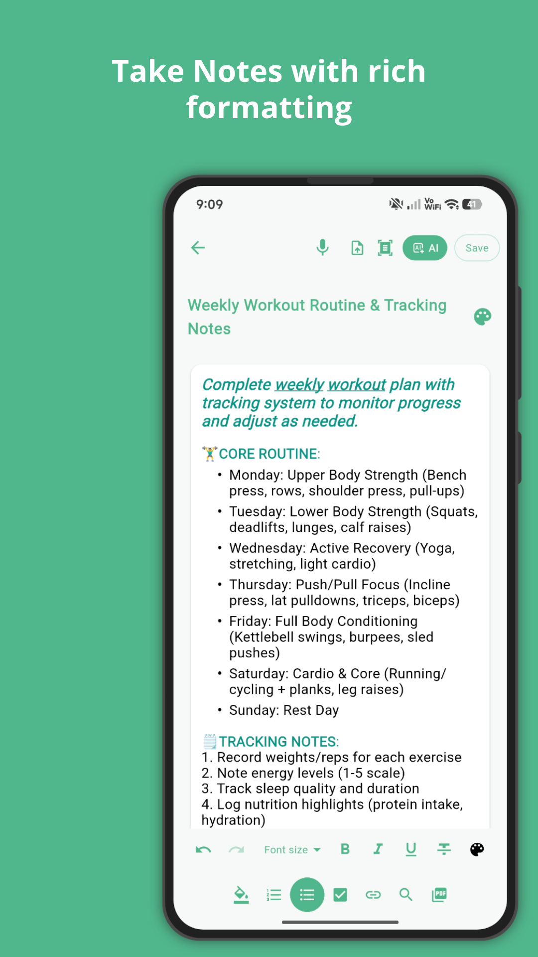 Rich notes editor